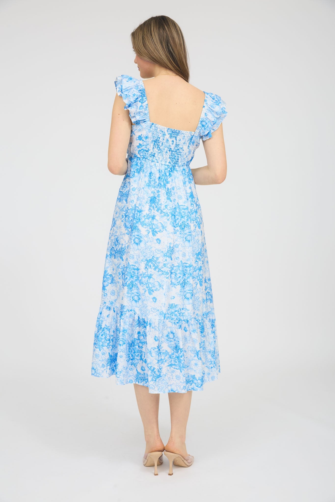 Blue Floral Ruffle Strap Pleated Bodice Midi Dress