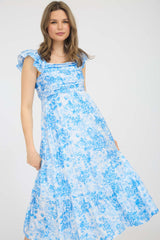 Blue Floral Ruffle Strap Pleated Bodice Midi Dress