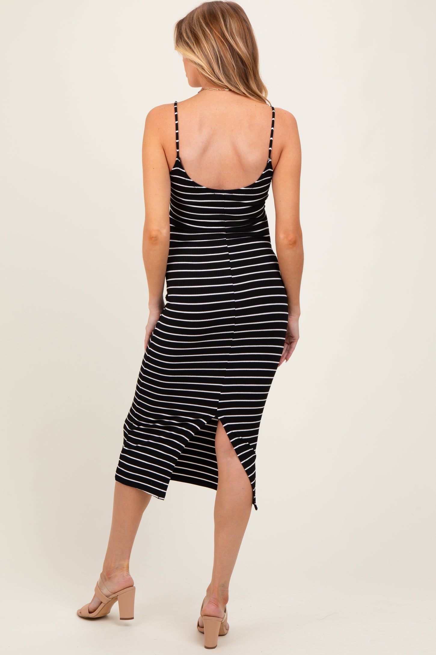 Black Striped Bow Detail Fitted Maternity Midi Dress