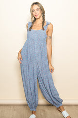 Blue Floral Ruffle Strap Barrel Leg Maternity Jumpsuit