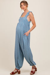Blue Floral Ruffle Strap Barrel Leg Maternity Jumpsuit