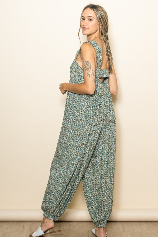 Green Floral Ruffle Strap Barrel Leg Jumpsuit