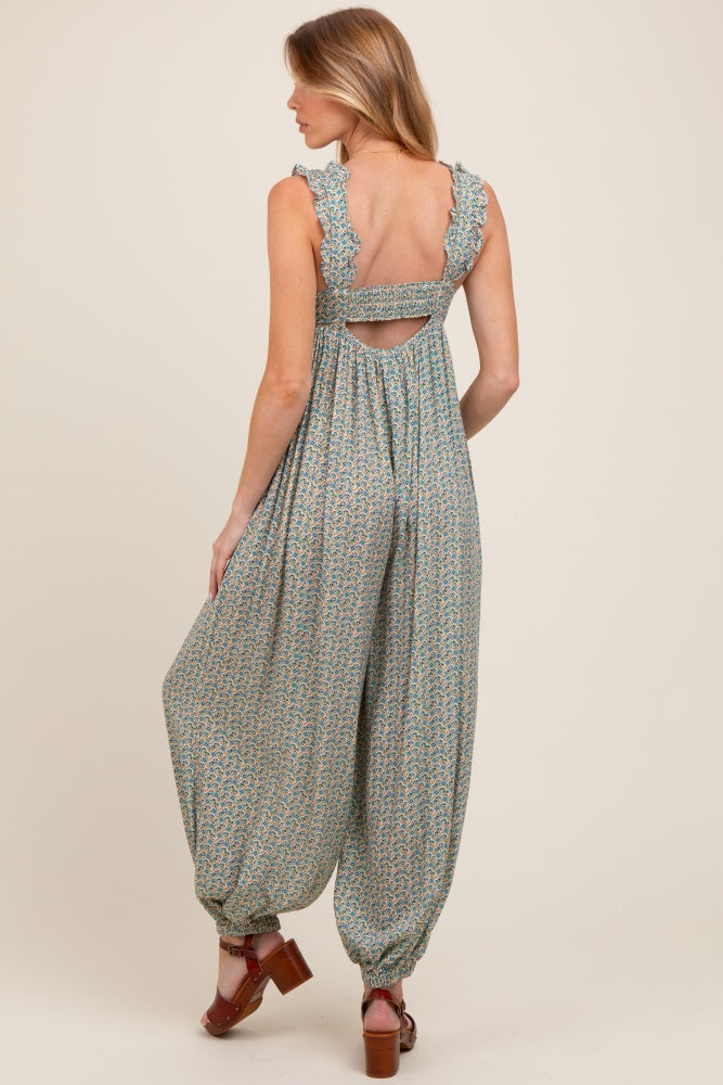 Green Floral Ruffle Strap Barrel Leg Maternity Jumpsuit