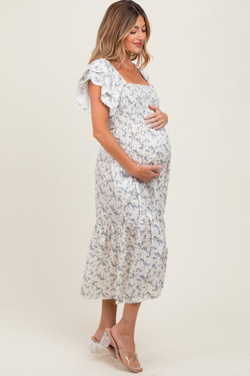 Ivory Floral Smocked Flutter Sleeve Maternity Midi Dress