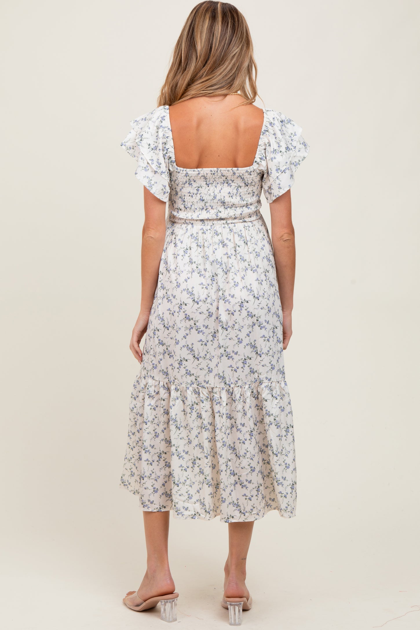 Ivory Floral Smocked Flutter Sleeve Maternity Midi Dress