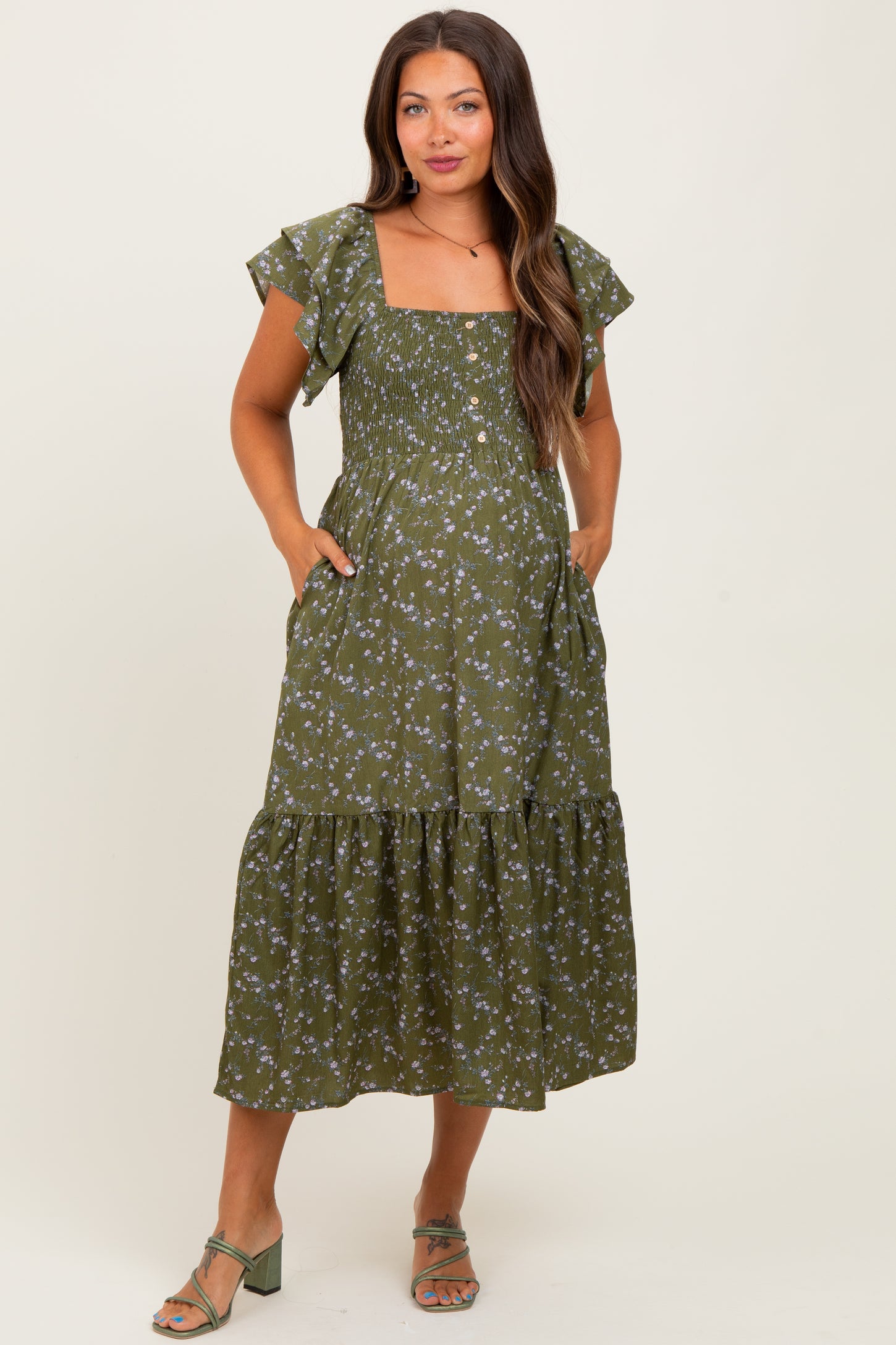 Olive Floral Smocked Flutter Sleeve Maternity Midi Dress