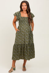 Olive Floral Smocked Flutter Sleeve Maternity Midi Dress