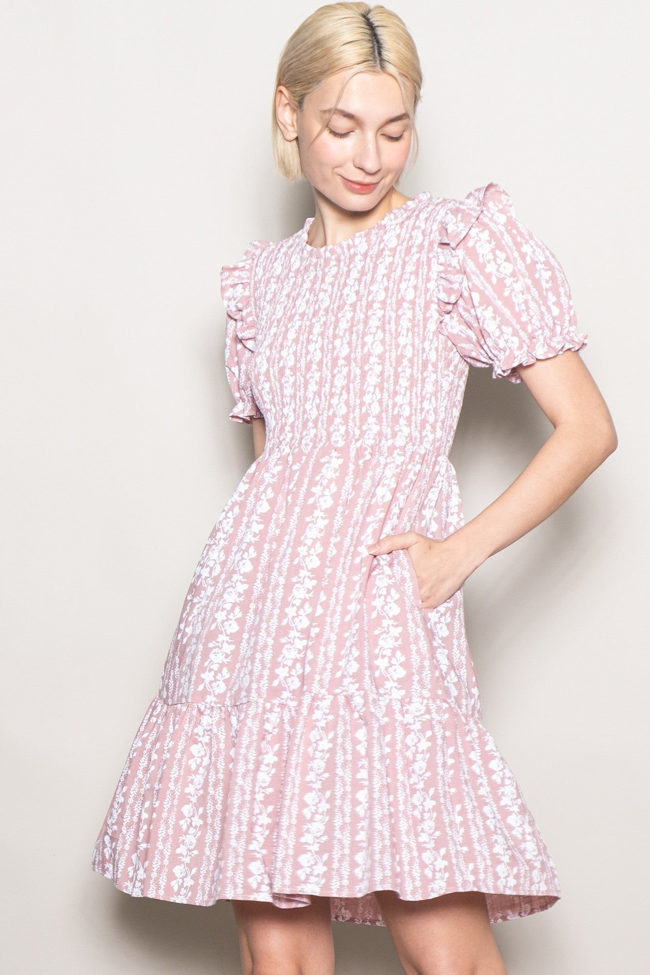 Pink Floral Smocked Ruffle Accent Dress