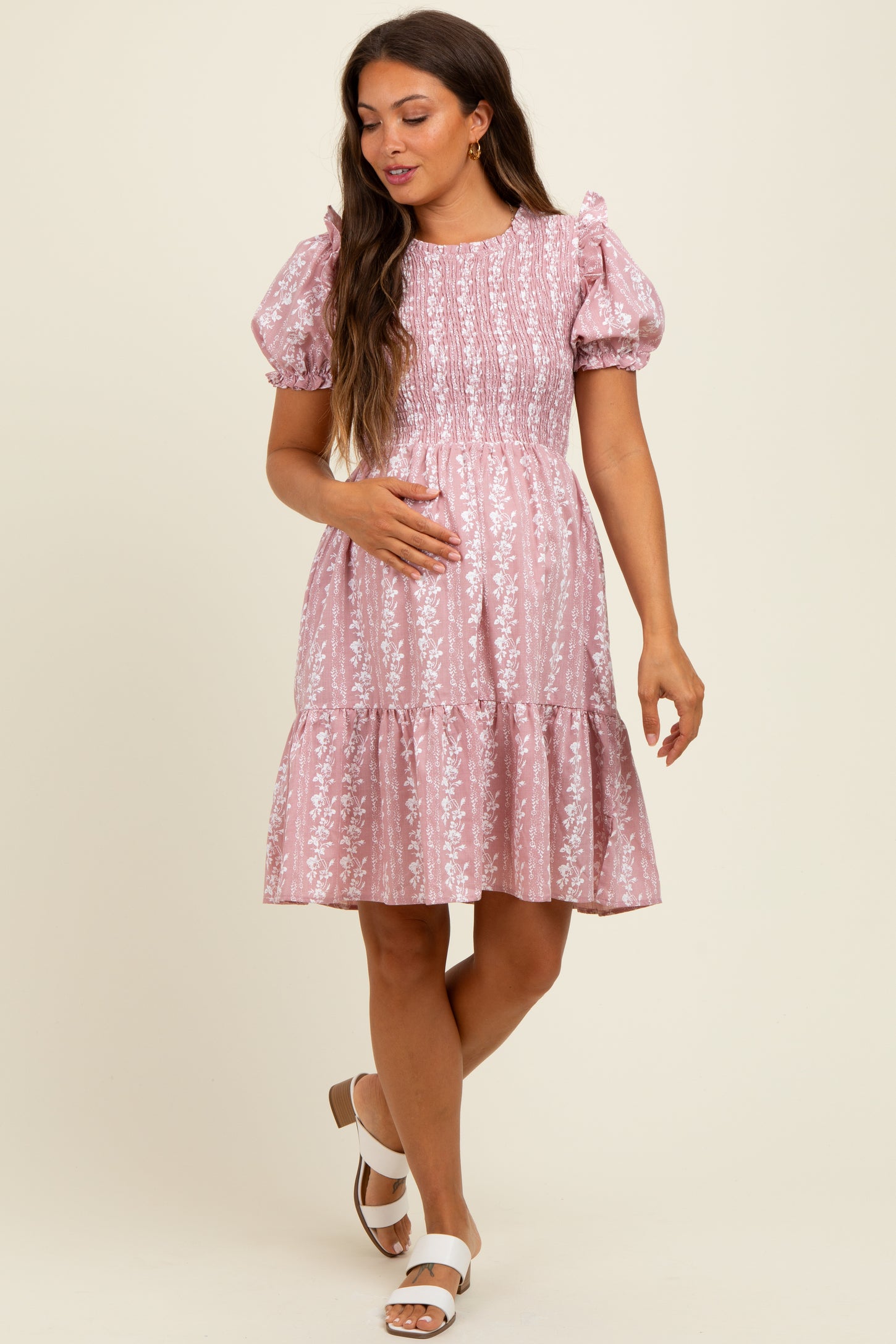Pink Floral Smocked Ruffle Accent Maternity Dress