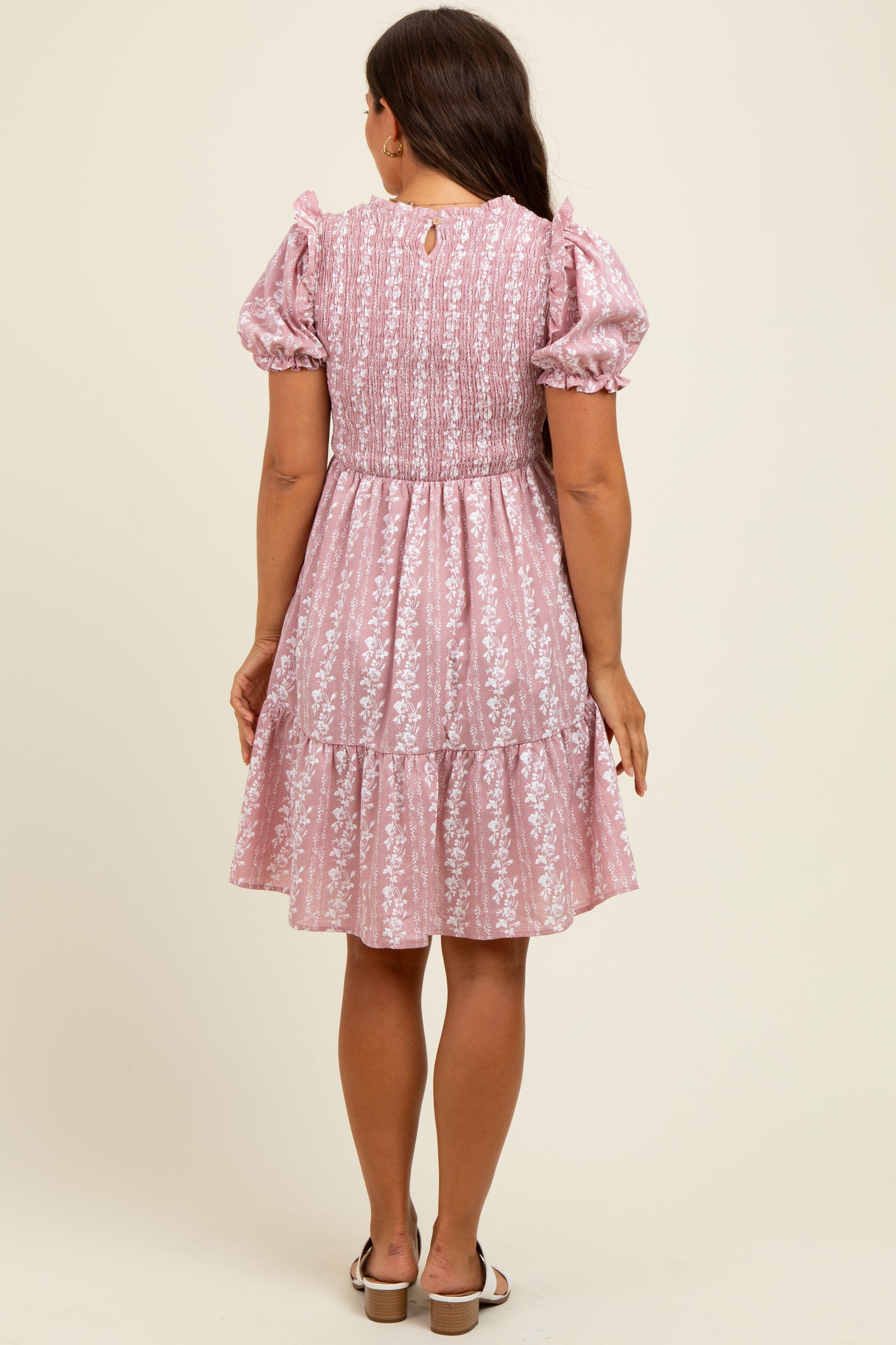 Pink Floral Smocked Ruffle Accent Maternity Dress