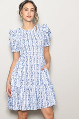 White Floral Smocked Ruffle Accent Dress