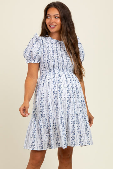 White Floral Smocked Ruffle Accent Maternity Dress
