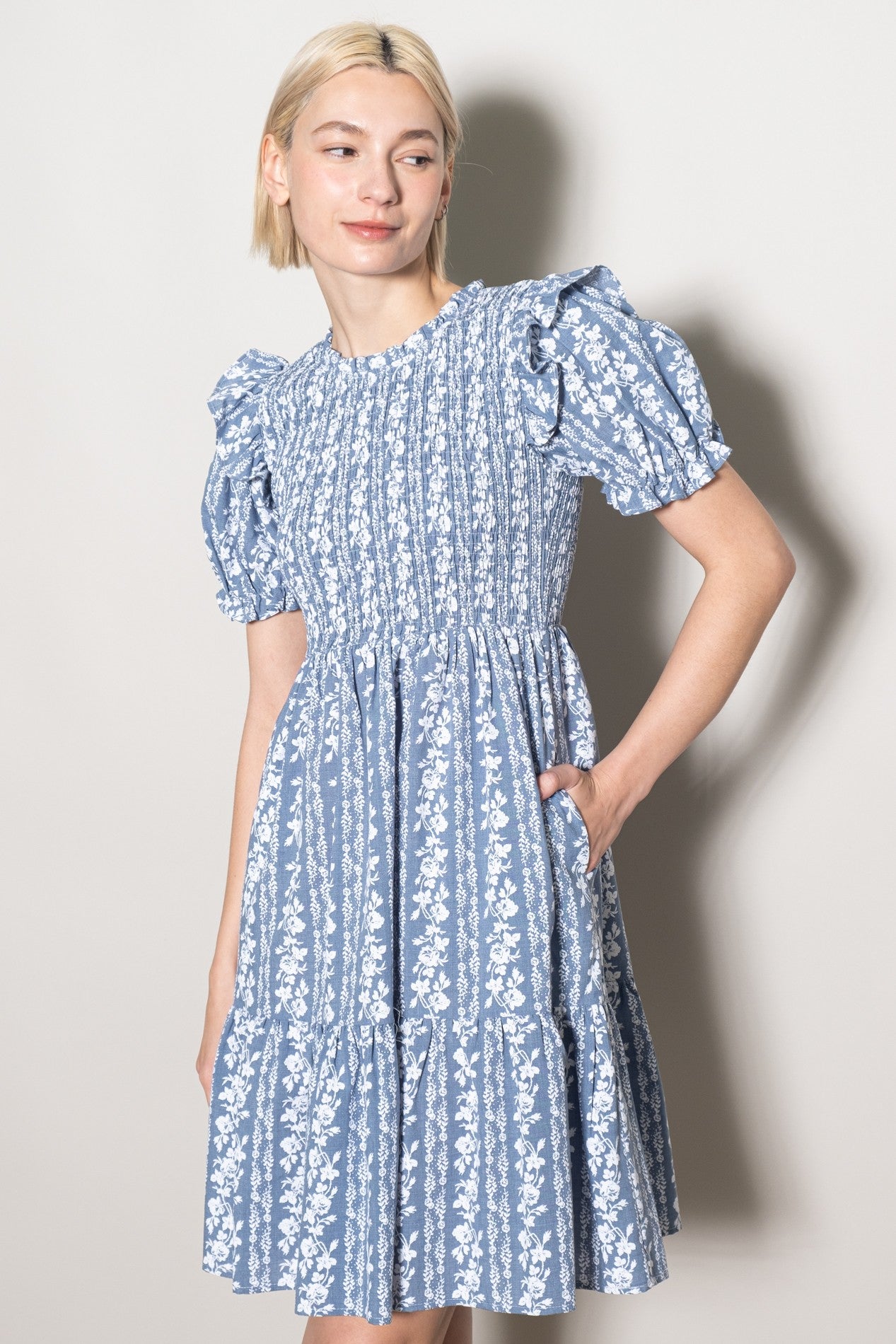 Blue Floral Smocked Ruffle Accent Dress