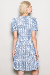 Blue Floral Smocked Ruffle Accent Dress
