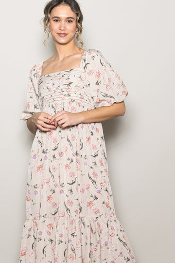 Cream Floral Pleated Bodice 3/4 Sleeve Midi Dress