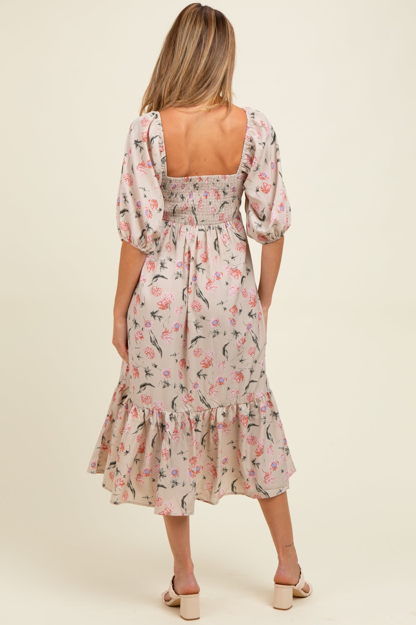 Cream Floral Pleated Bodice 3/4 Sleeve Maternity Midi Dress