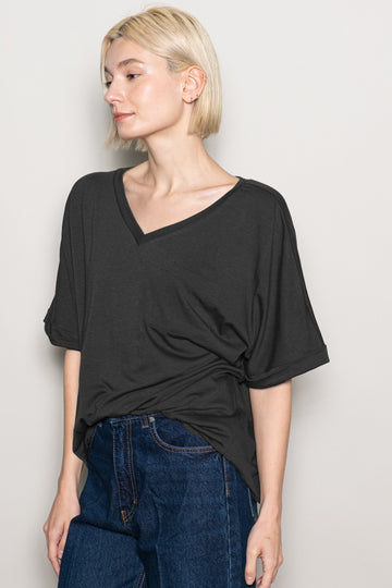 Black Oversized V-Neck Front Pocket T-Shirt