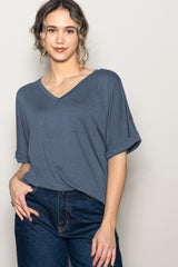 Dark Blue Oversized V-Neck Front Pocket T-Shirt