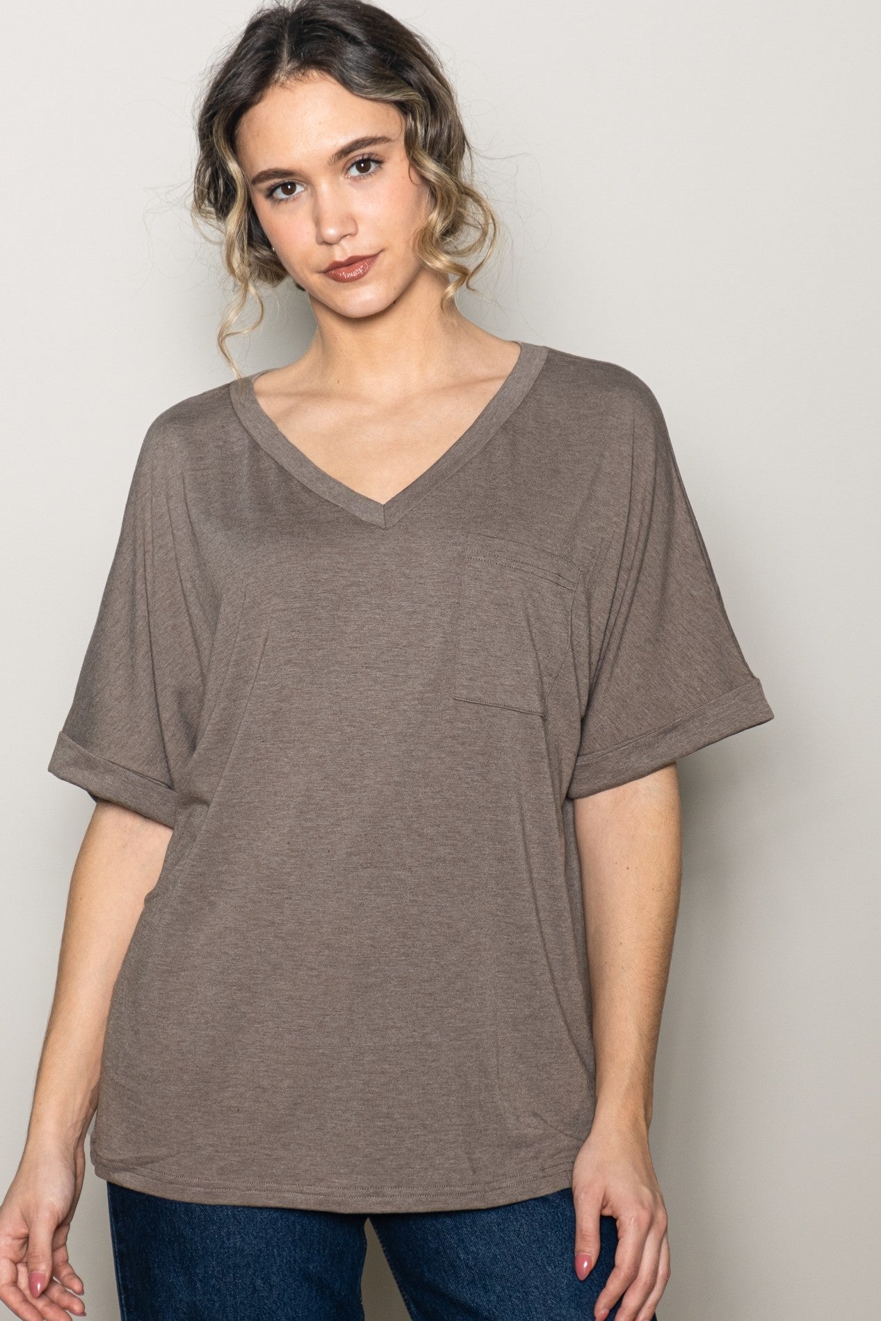 Mocha Oversized V-Neck Front Pocket T-Shirt