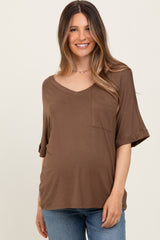 Mocha Oversized V-Neck Front Pocket Maternity T-Shirt