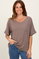 Taupe Oversized V-Neck Front Pocket Maternity T-Shirt