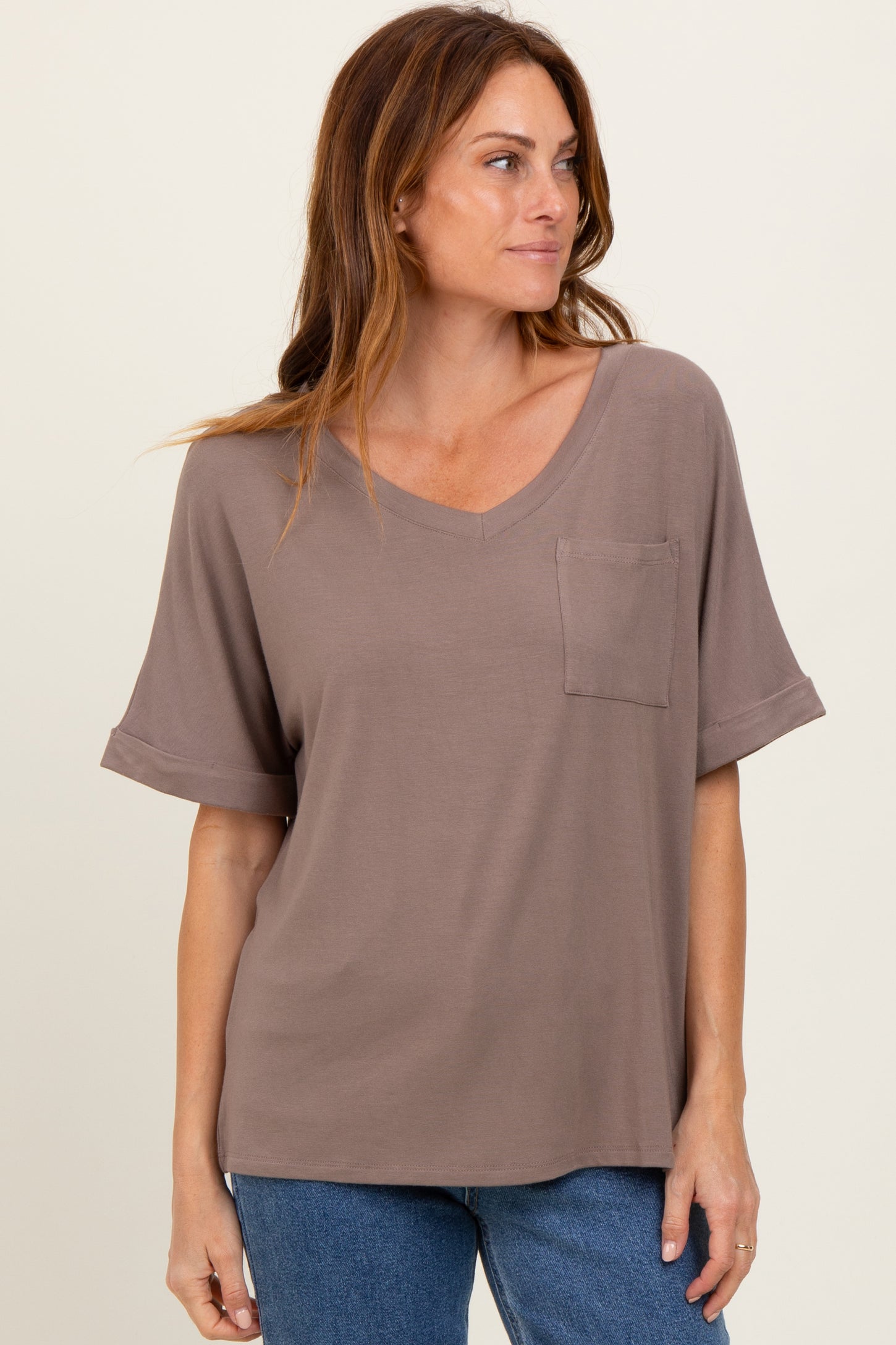 Taupe Oversized V-Neck Front Pocket T-Shirt