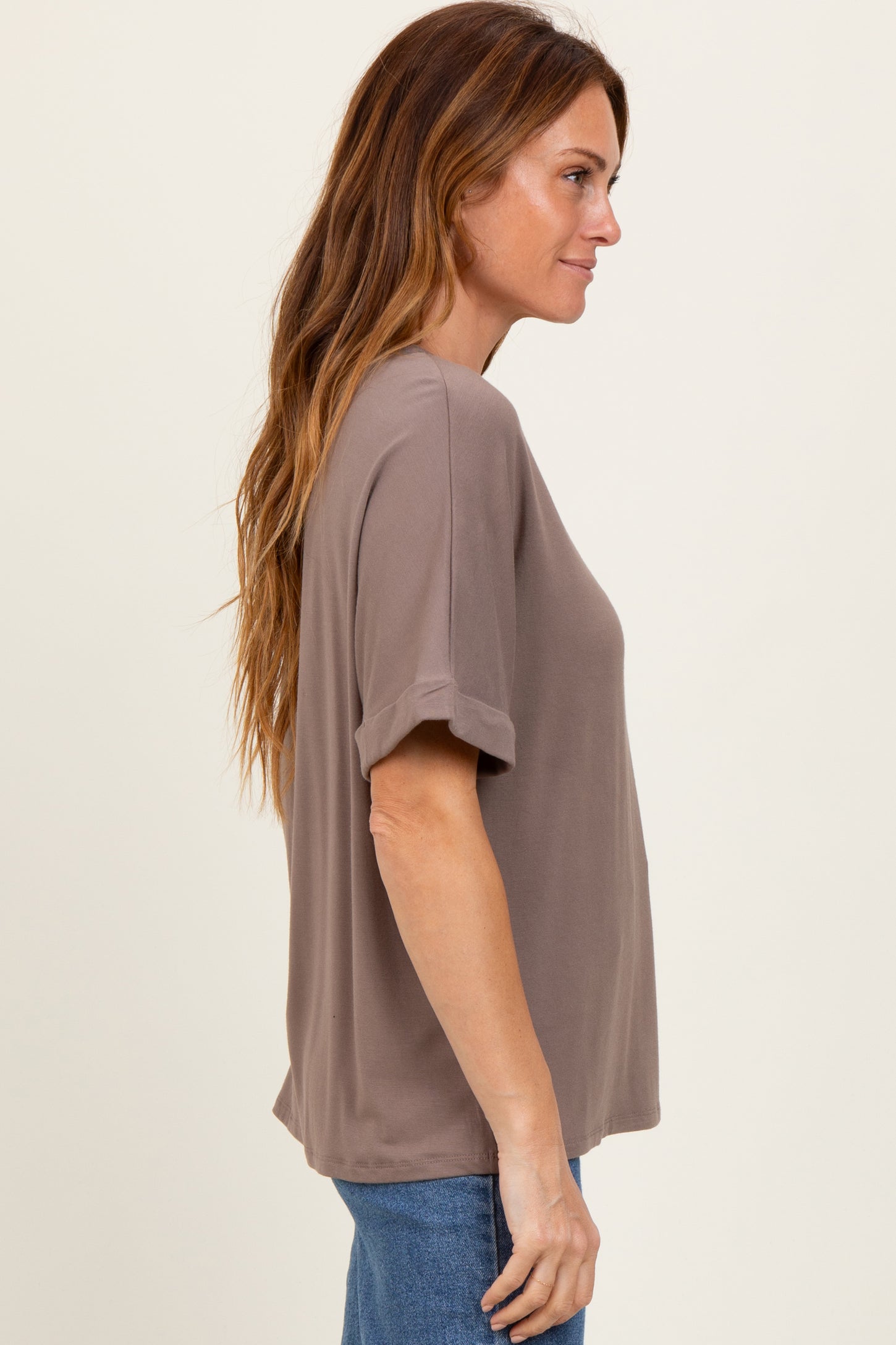 Taupe Oversized V-Neck Front Pocket T-Shirt