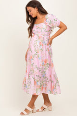 Pink Floral Pleated Bust Puff Sleeve Maternity Midi Dress