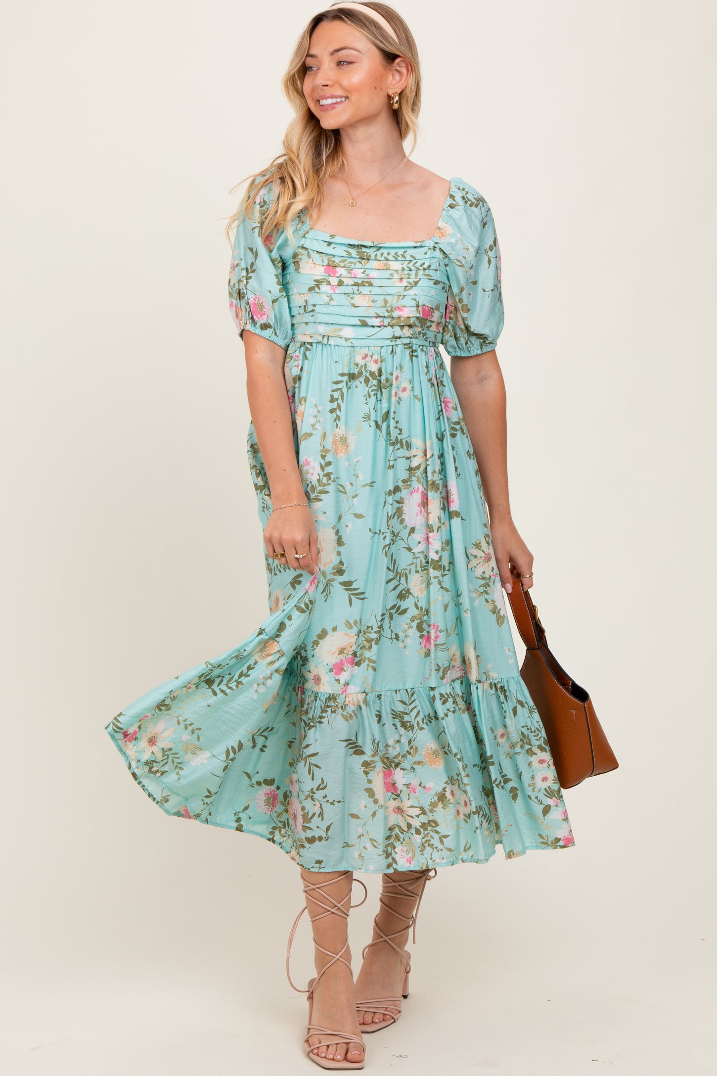 Mint Floral Pleated Bust Puff Sleeve Midi Dress PinkBlush Mint Floral Pleated Bust Puff Sleeve Midi Dress PinkBlush