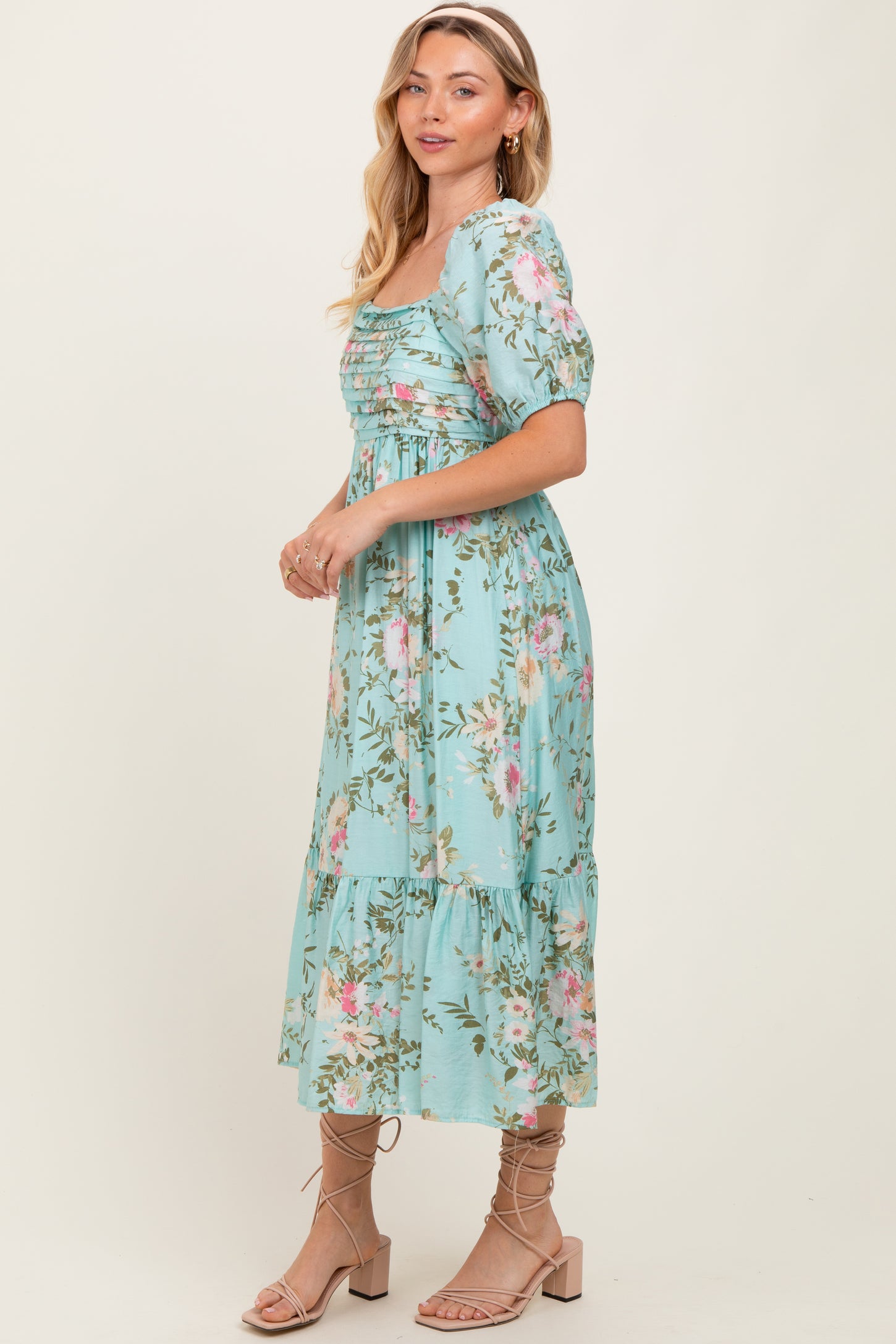 Mint Floral Pleated Bust Puff Sleeve Midi Dress