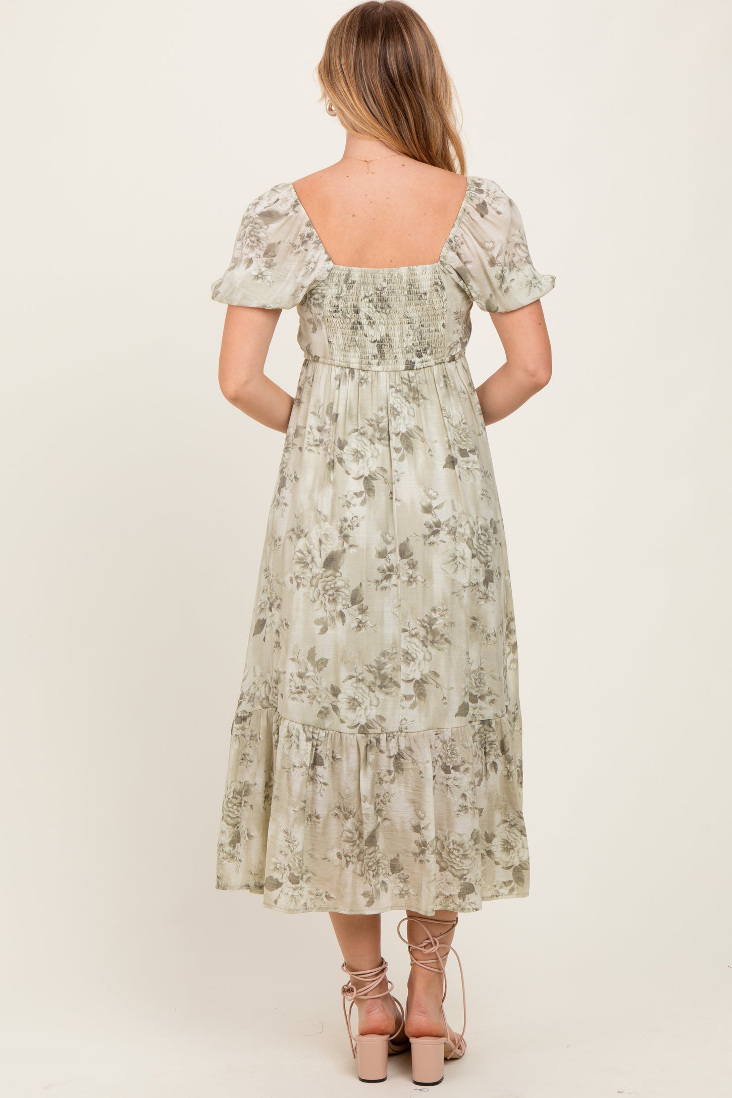 Olive Floral Pleated Bust Puff Sleeve Midi Dress