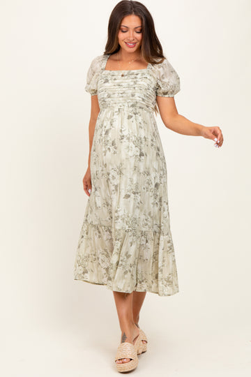 Olive Floral Pleated Bust Puff Sleeve Maternity Midi Dress