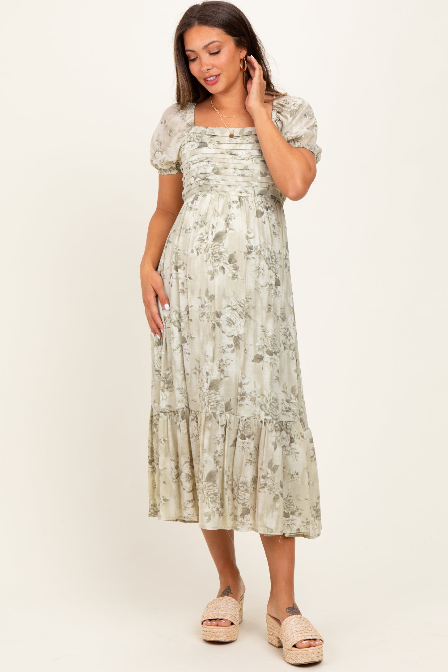 Olive Floral Pleated Bust Puff Sleeve Maternity Midi Dress