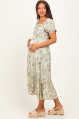 Olive Floral Pleated Bust Puff Sleeve Maternity Midi Dress