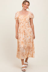 Peach Floral Pleated Bust Puff Sleeve Midi Dress