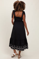 Black Smocked Embroidered Shoulder Tie Maternity Midi Dress