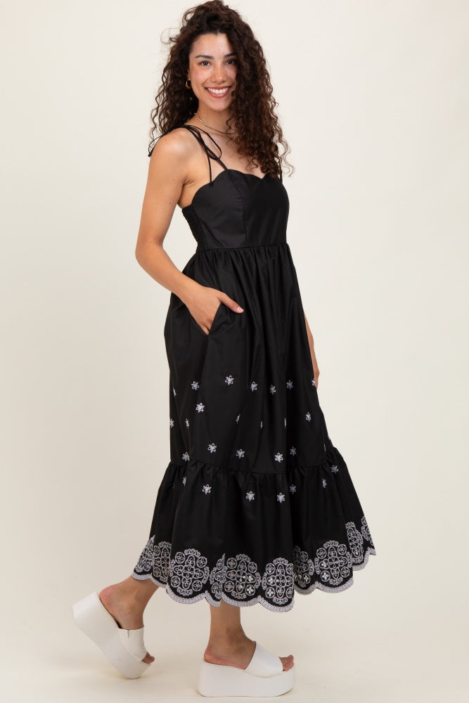 Black Embroidered Shoulder Tie Midi Dress