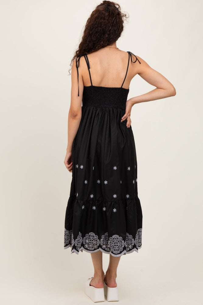 Black Embroidered Shoulder Tie Midi Dress