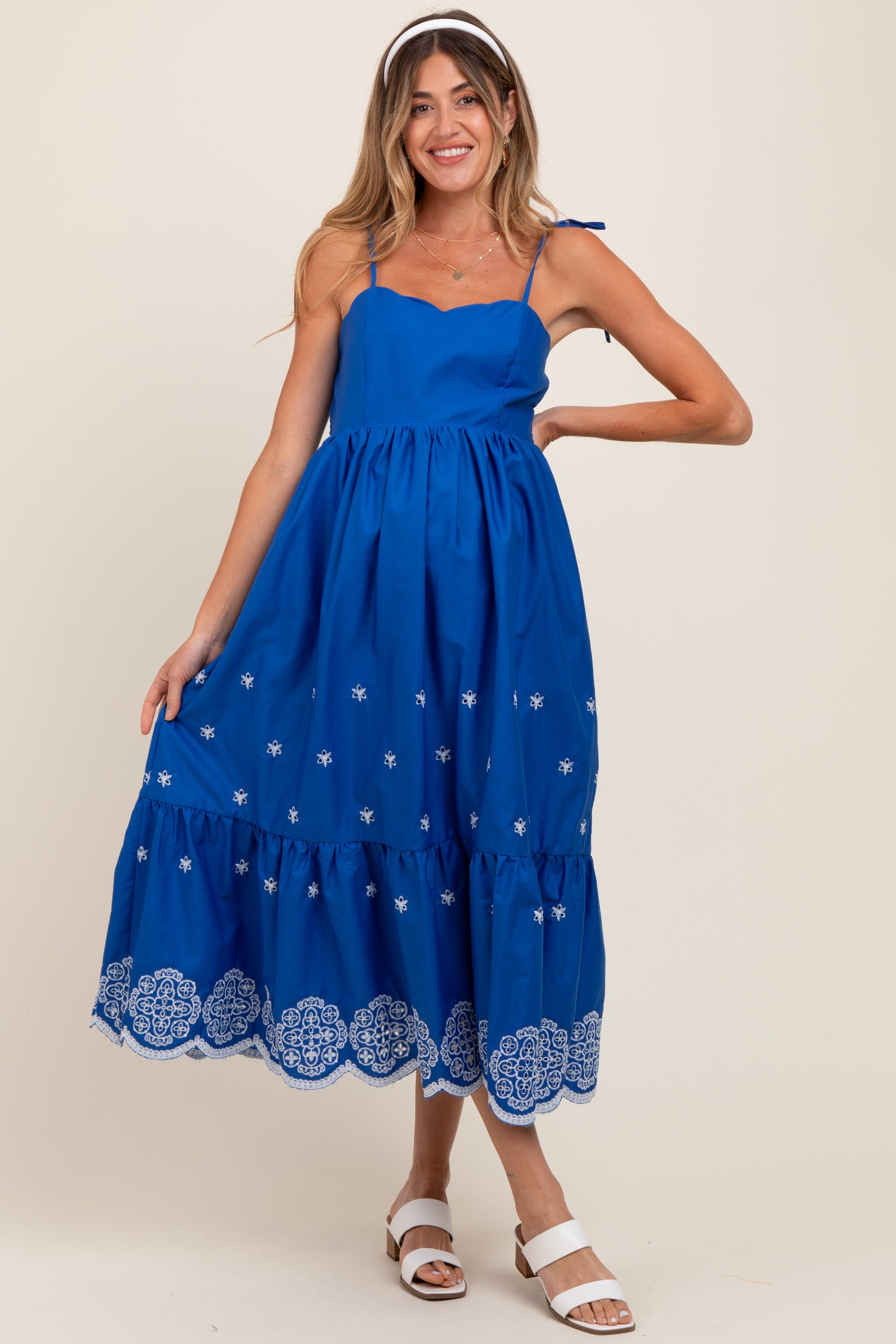 Blue Embroidered Shoulder Tie Maternity Midi Dress
