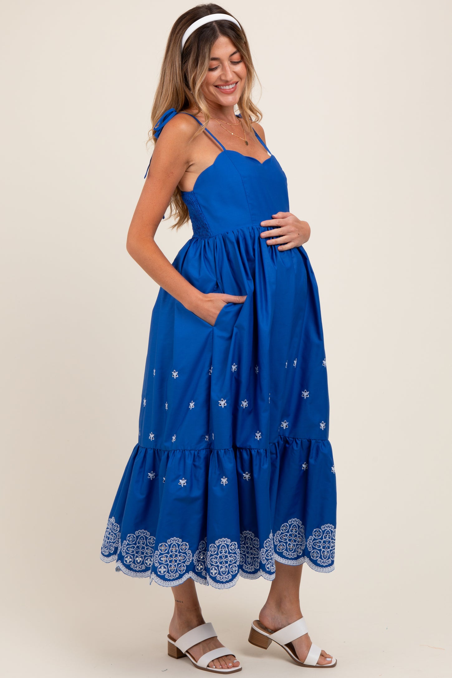 Blue Embroidered Shoulder Tie Maternity Midi Dress