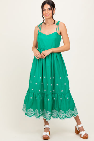 Green Embroidered Shoulder Tie Midi Dress