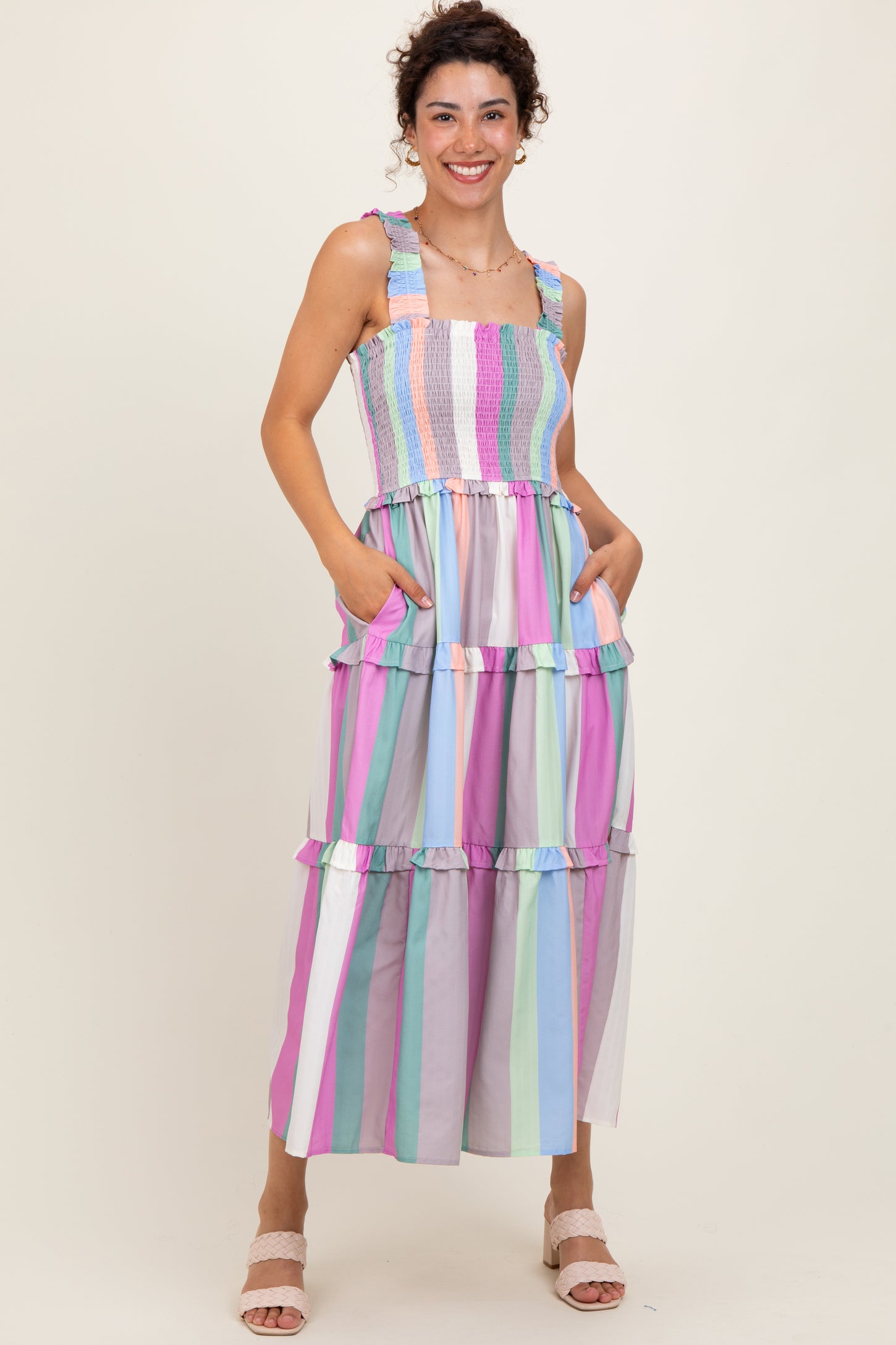 Lavender Wide Stripe Smocked Tiered Maternity Midi Dress