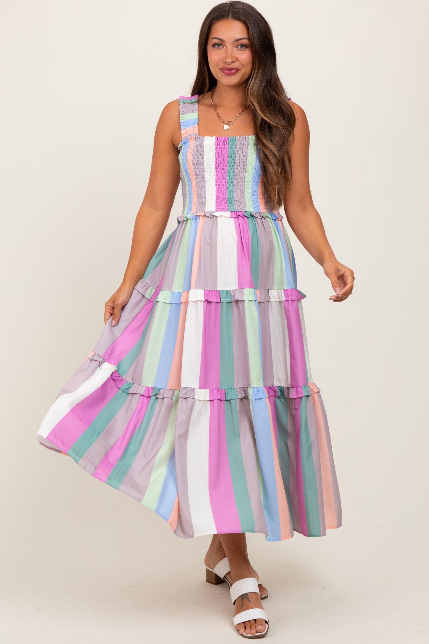 Lavender Wide Stripe Smocked Tiered Maternity Midi Dress