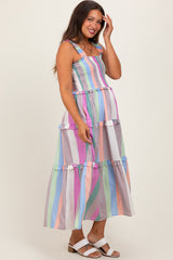 Lavender Wide Stripe Smocked Tiered Maternity Midi Dress