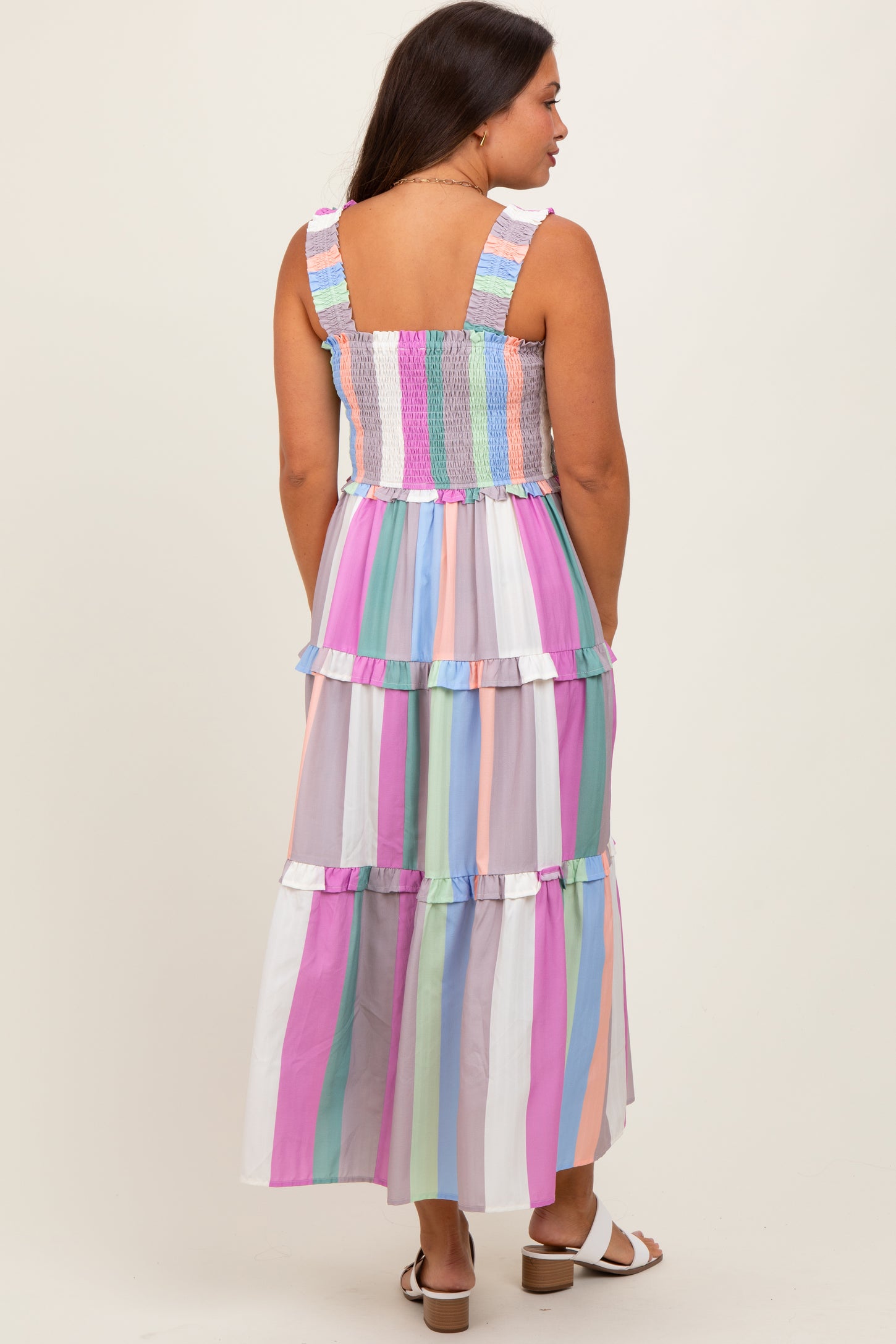 Lavender Wide Stripe Smocked Tiered Maternity Midi Dress