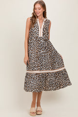 Camel Animal Print Contrast Sleeveless Midi Dress