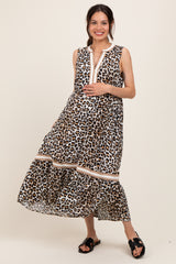 Camel Animal Print Contrast Sleeveless Maternity Midi Dress