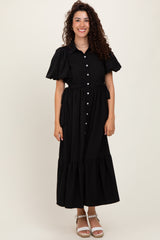 Black Puff Sleeve Side Tie Maternity Midi Shirt Dress