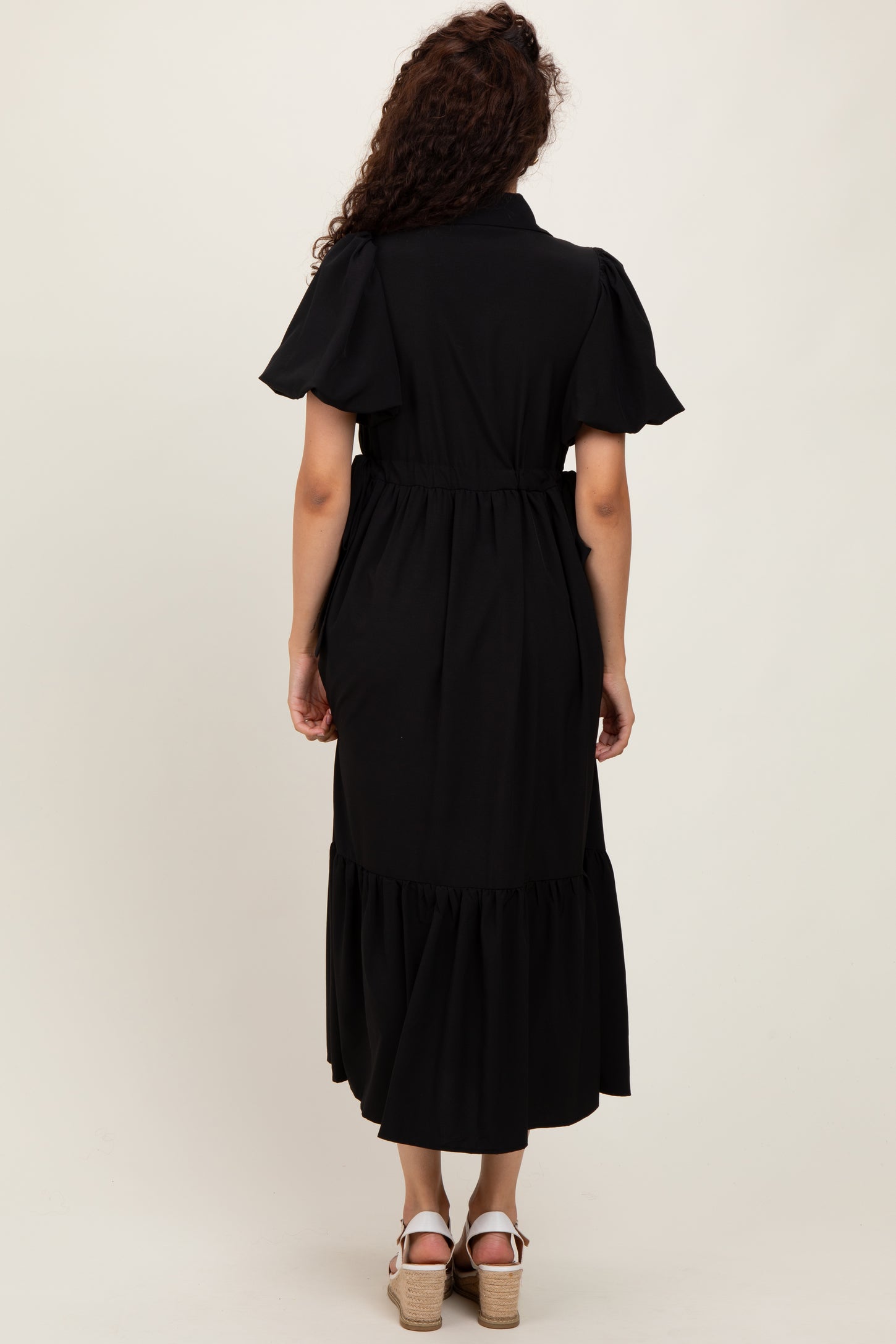 Black Puff Sleeve Side Tie Midi Shirt Dress