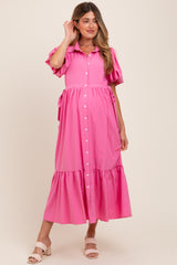 Pink Puff Sleeve Side Tie Maternity Midi Shirt Dress